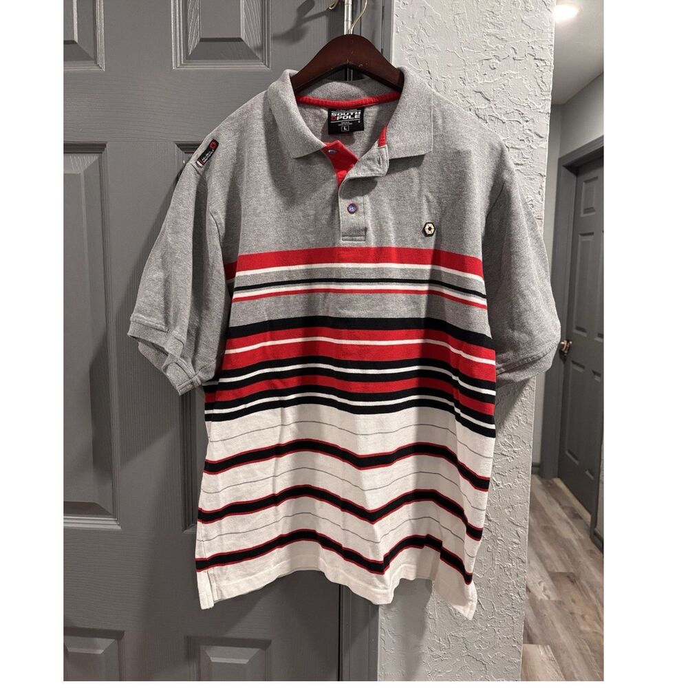 Southpole Authentic Collection Men's L Gray Red Black Striped Cotton Polo Shirt